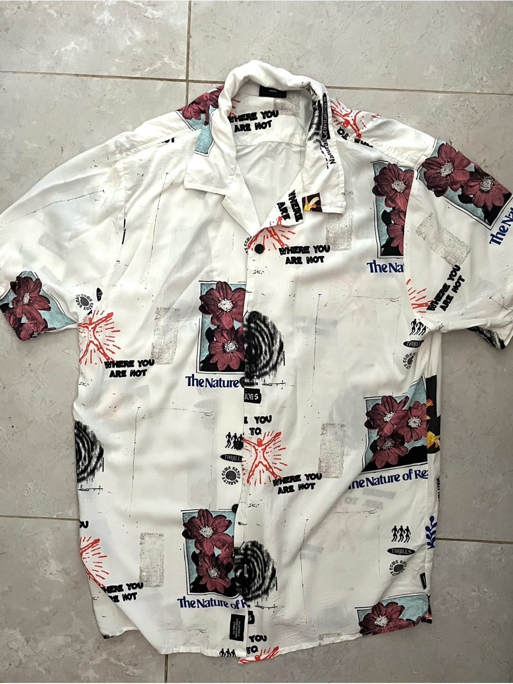 Thrills White Button-Down Shirt with Red Floral Print